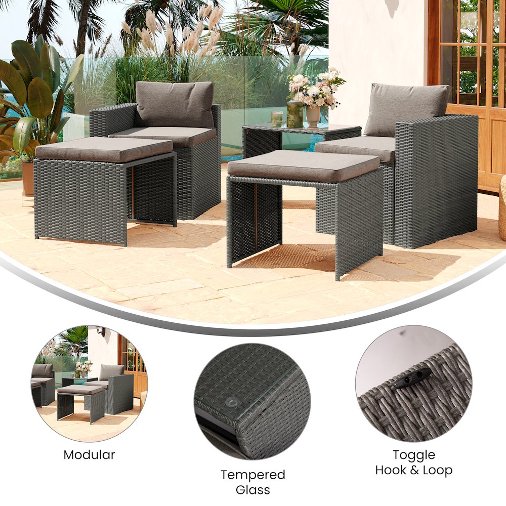 Modular Loveseat Sofa Set with Table and Ottomans, Gray Cushions and Gray Rattan. Picture 4