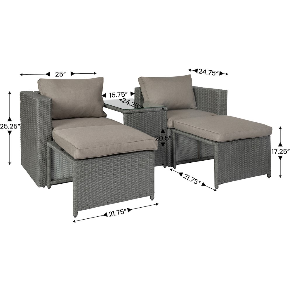 Modular Loveseat Sofa Set with Table and Ottomans, Gray Cushions and Gray Rattan. Picture 5