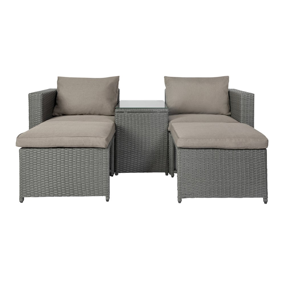 Modular Loveseat Sofa Set with Table and Ottomans, Gray Cushions and Gray Rattan. Picture 10