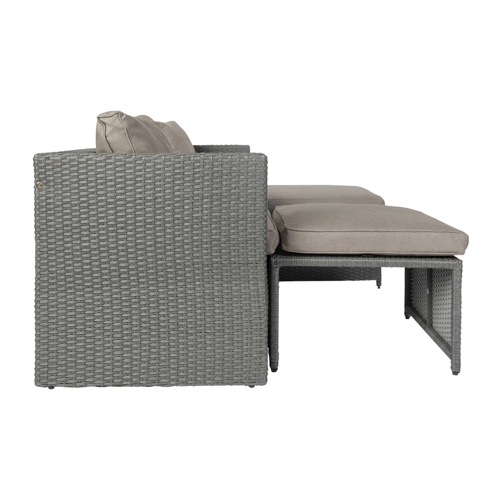 Modular Loveseat Sofa Set with Table and Ottomans, Gray Cushions and Gray Rattan. Picture 9