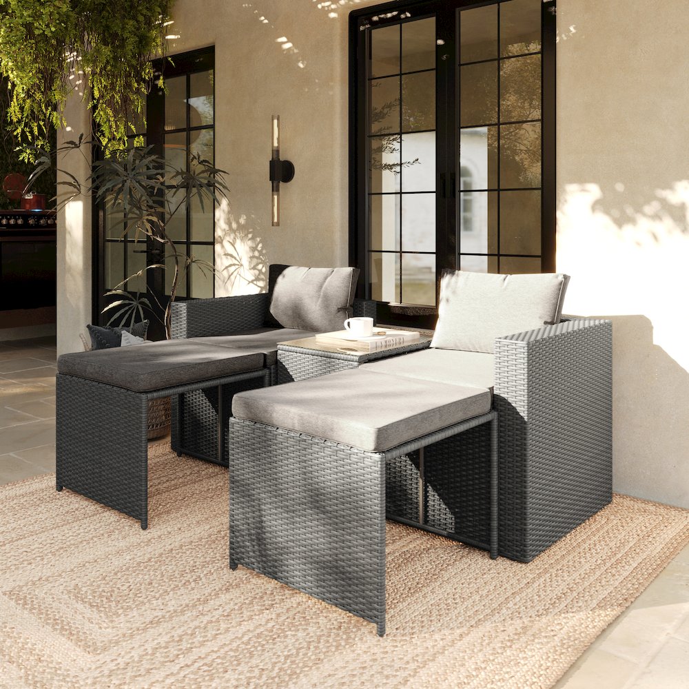 Modular Loveseat Sofa Set with Table and Ottomans, Gray Cushions and Gray Rattan. Picture 3