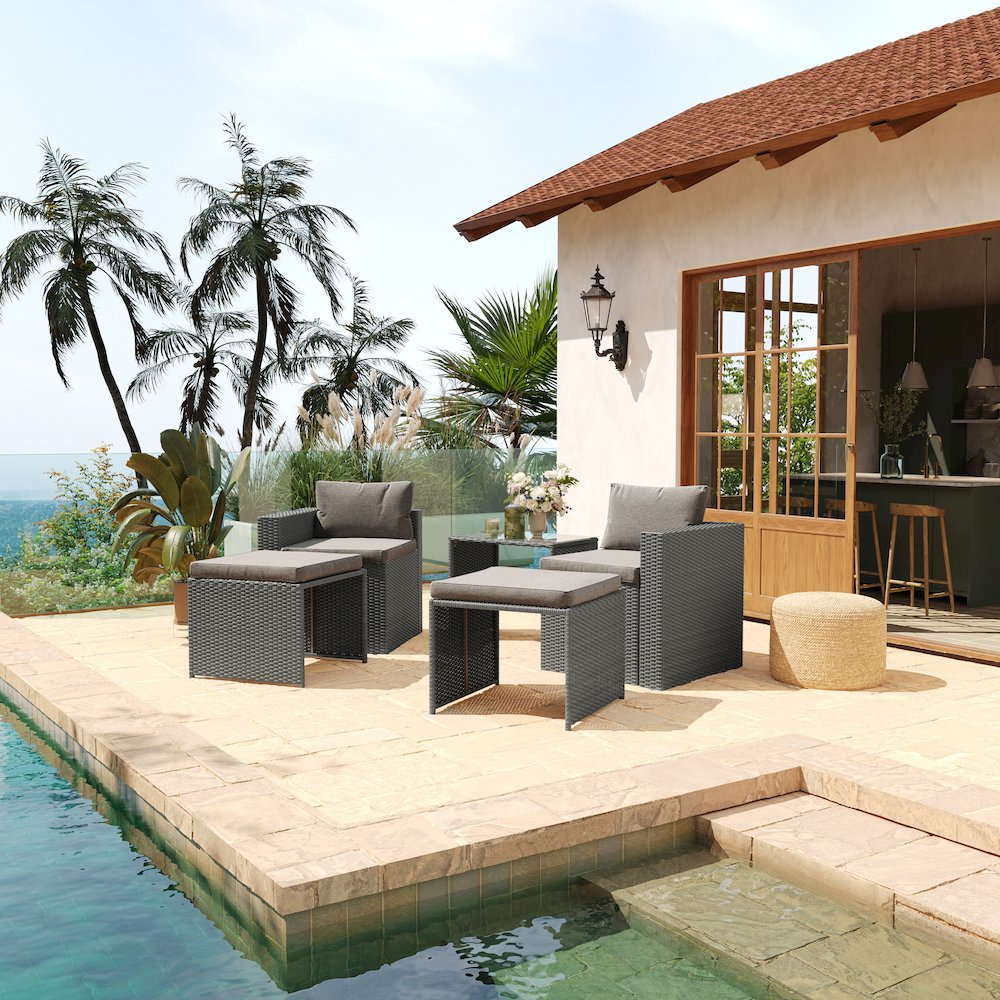 Modular Loveseat Sofa Set with Table and Ottomans, Gray Cushions and Gray Rattan. Picture 6