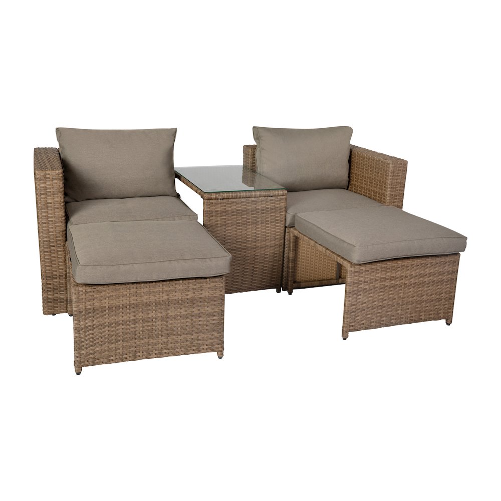 Modular Loveseat Sofa Set with Table and Ottomans, Gray Cushions, Natural Rattan. Picture 1