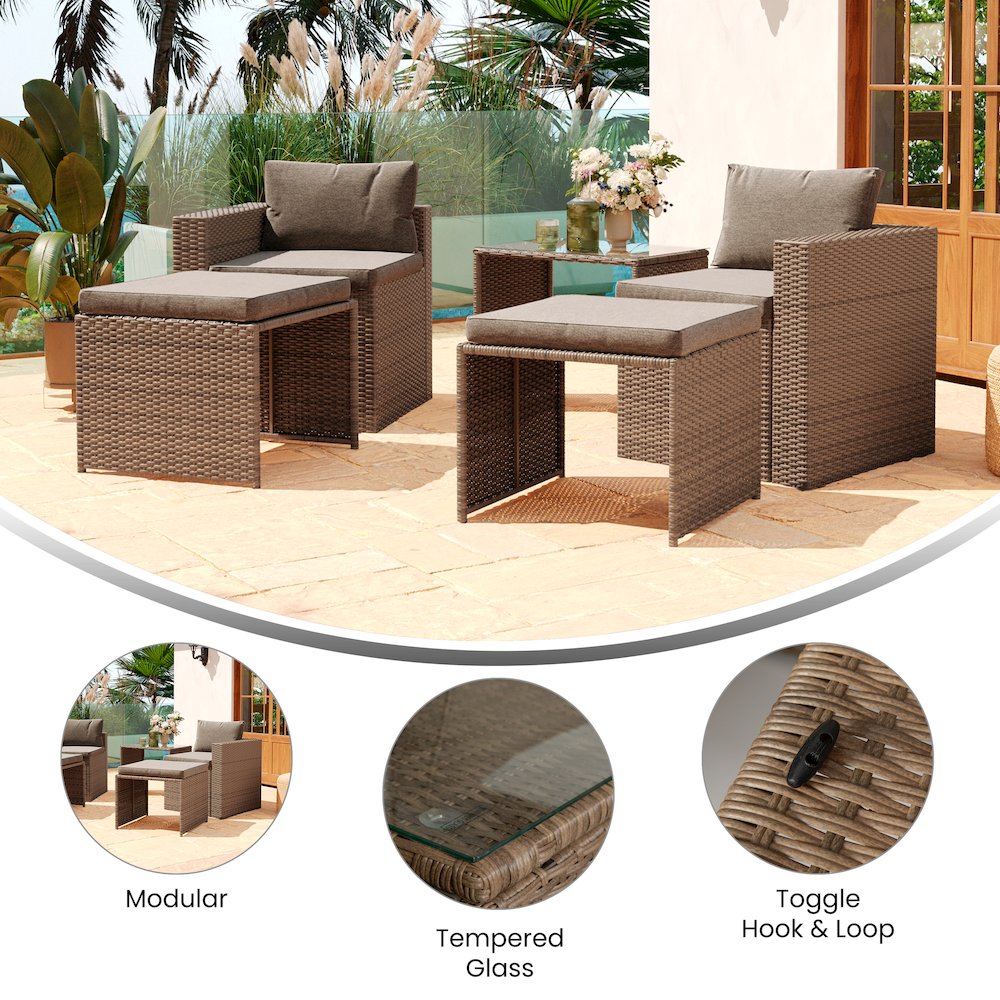 Modular Loveseat Sofa Set with Table and Ottomans, Gray Cushions, Natural Rattan. Picture 4