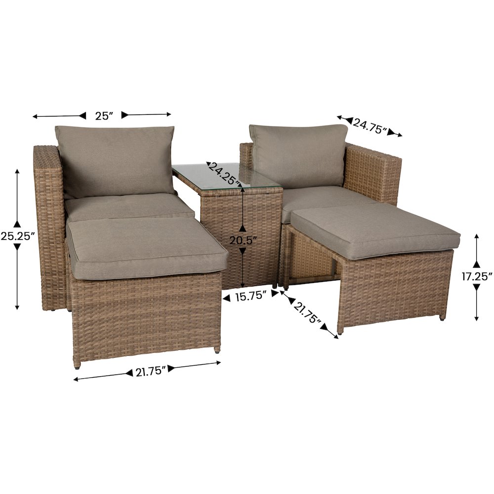 Modular Loveseat Sofa Set with Table and Ottomans, Gray Cushions, Natural Rattan. Picture 5