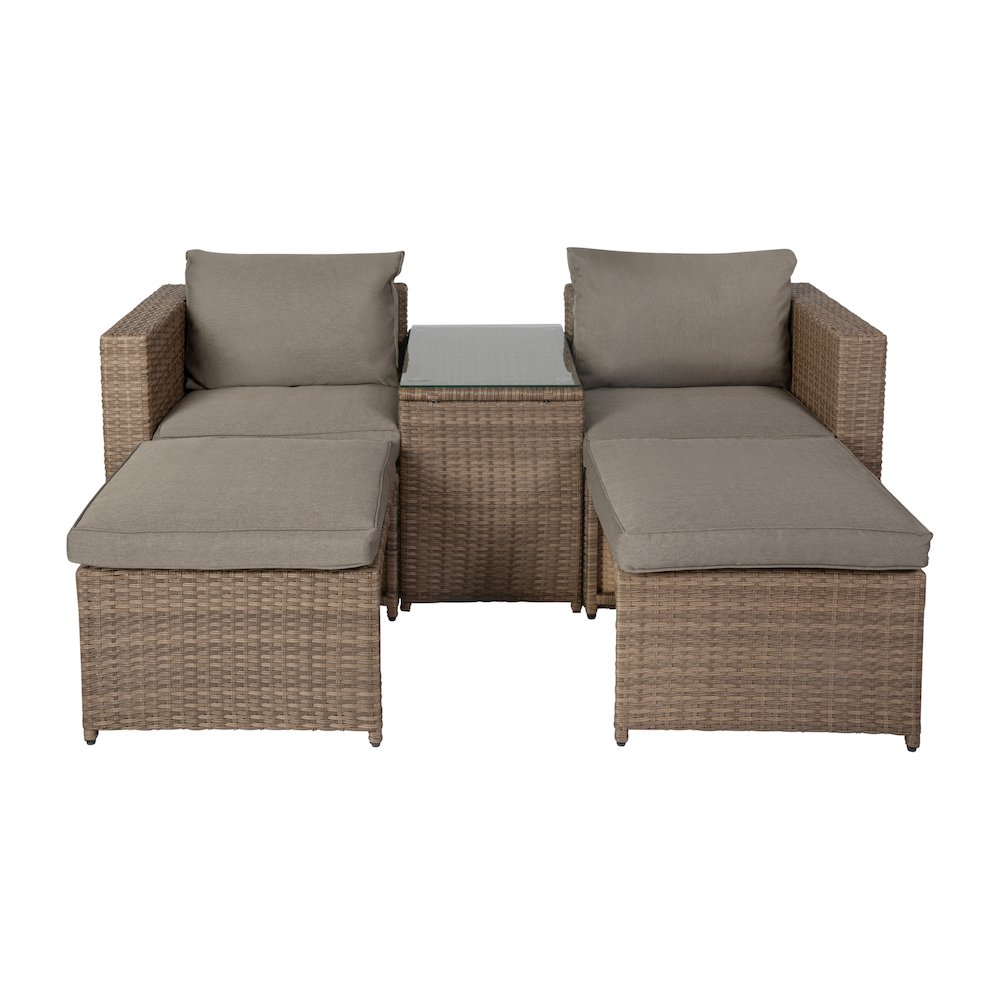 Modular Loveseat Sofa Set with Table and Ottomans, Gray Cushions, Natural Rattan. Picture 10