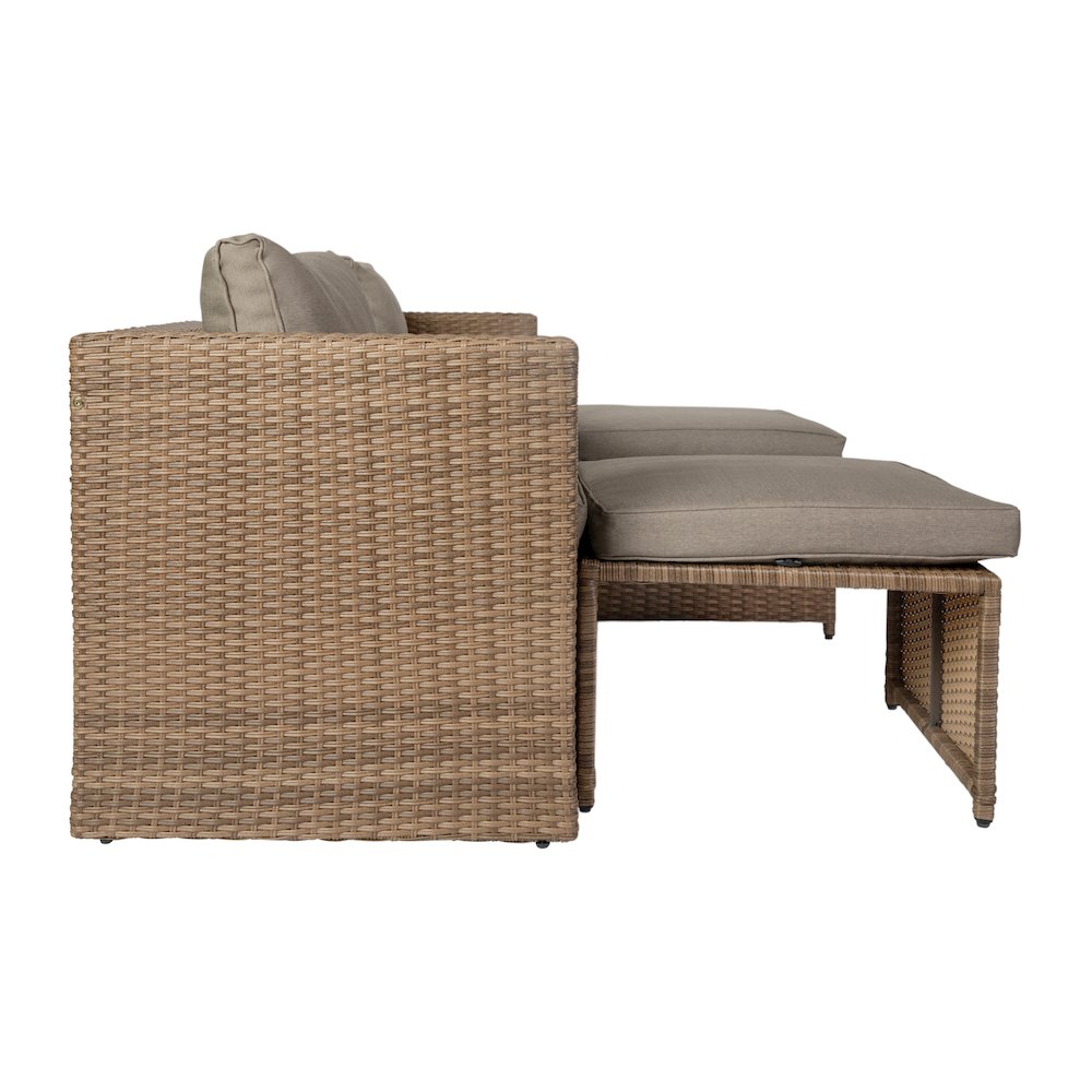 Modular Loveseat Sofa Set with Table and Ottomans, Gray Cushions, Natural Rattan. Picture 9