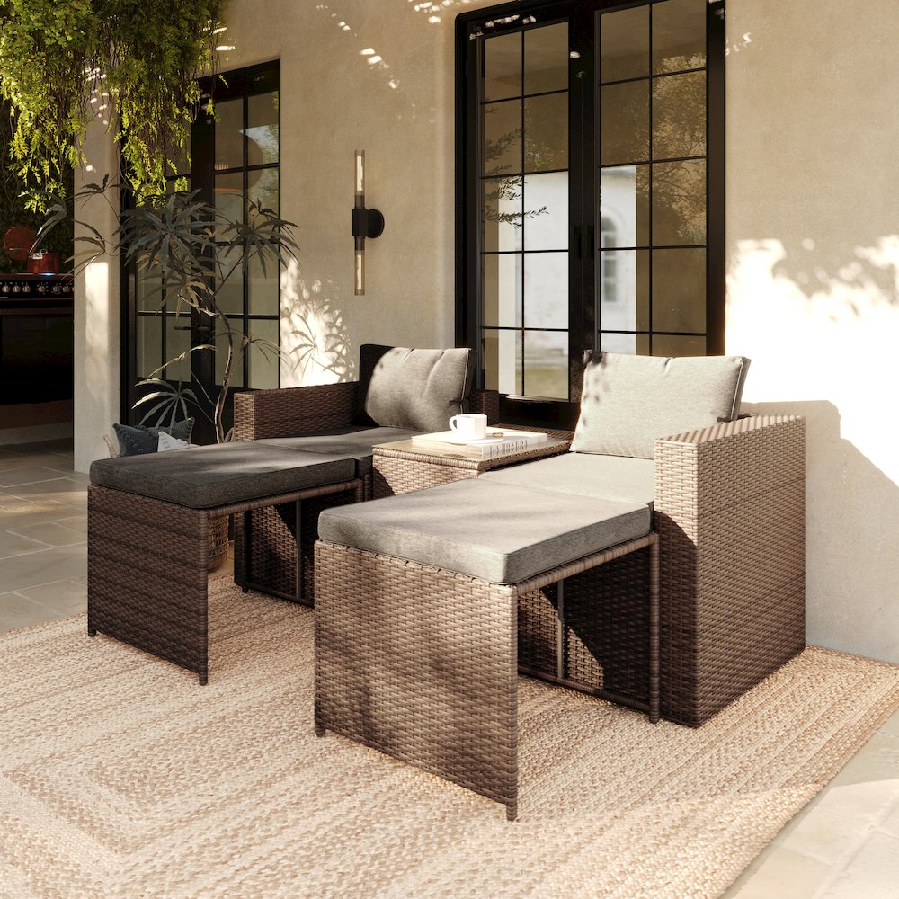 Modular Loveseat Sofa Set with Table and Ottomans, Gray Cushions, Natural Rattan. Picture 3