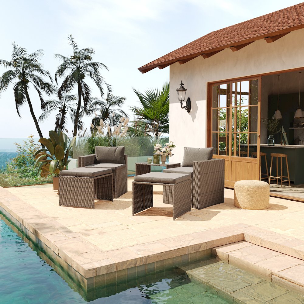 Modular Loveseat Sofa Set with Table and Ottomans, Gray Cushions, Natural Rattan. Picture 6
