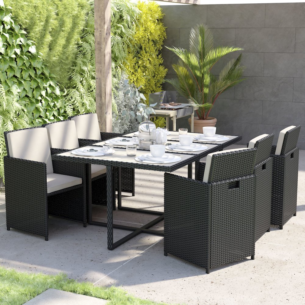 7 Piece Set, Black Wicker Modular Chairs-Cream Cushions. Picture 6
