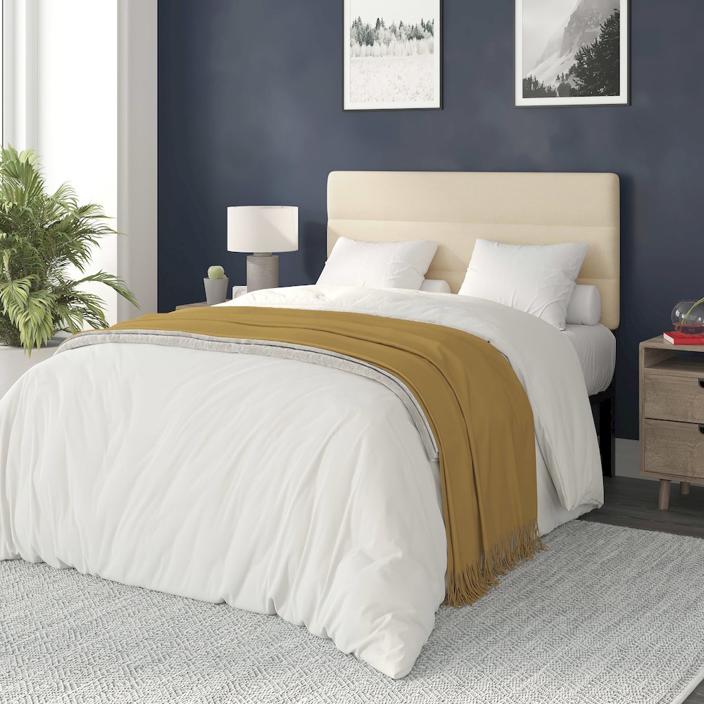Full Channel Stitched Fabric Upholstered Headboard, from 44.5" to 57.25" - Cream. Picture 2