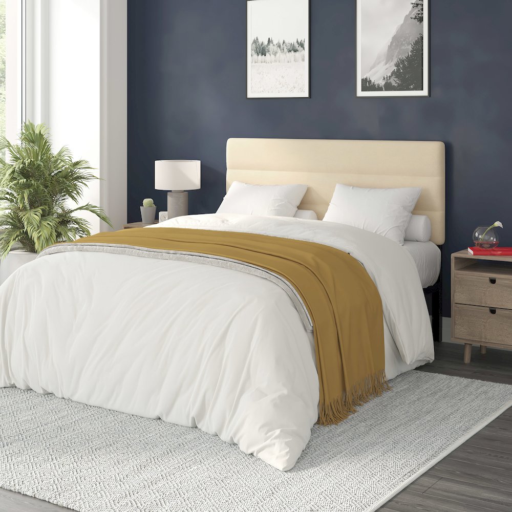 Queen Channel Stitched Fabric Upholstered Headboard, Cream. Picture 2