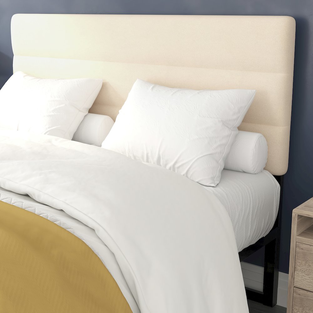 Queen Channel Stitched Fabric Upholstered Headboard, Cream. Picture 5