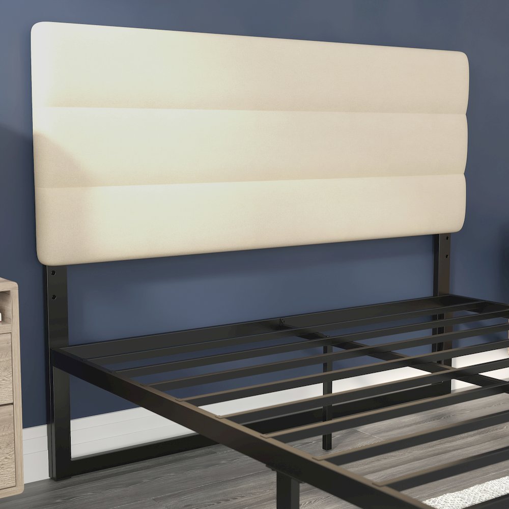 Queen Channel Stitched Fabric Upholstered Headboard, Cream. Picture 6
