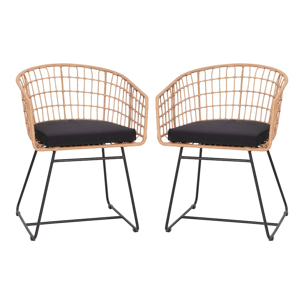 Set of 2 Patio Boho Club Chairs, Black Cushions and Sled Base. Picture 3