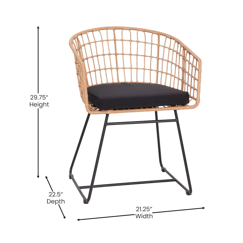 Set of 2 Patio Boho Club Chairs, Black Cushions and Sled Base. Picture 6