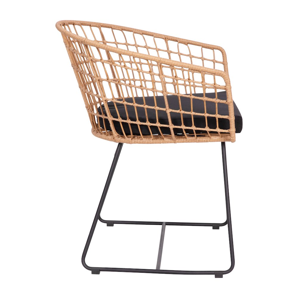 Set of 2 Patio Boho Club Chairs, Black Cushions and Sled Base. Picture 11