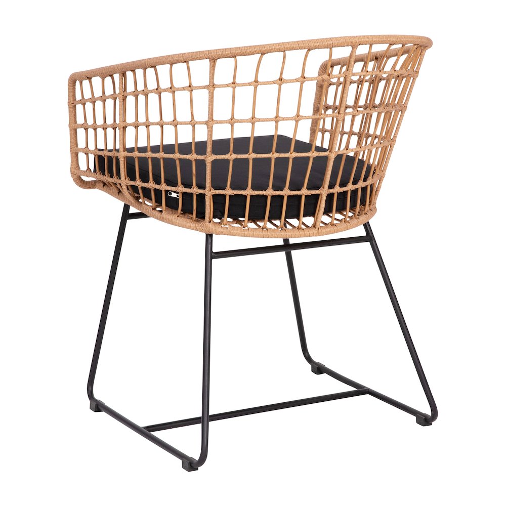 Set of 2 Patio Boho Club Chairs, Black Cushions and Sled Base. Picture 9