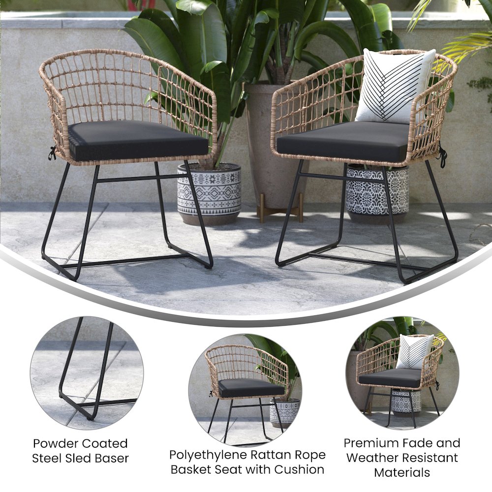 Set of 2 Patio Boho Club Chairs, Black Cushions and Sled Base. Picture 5