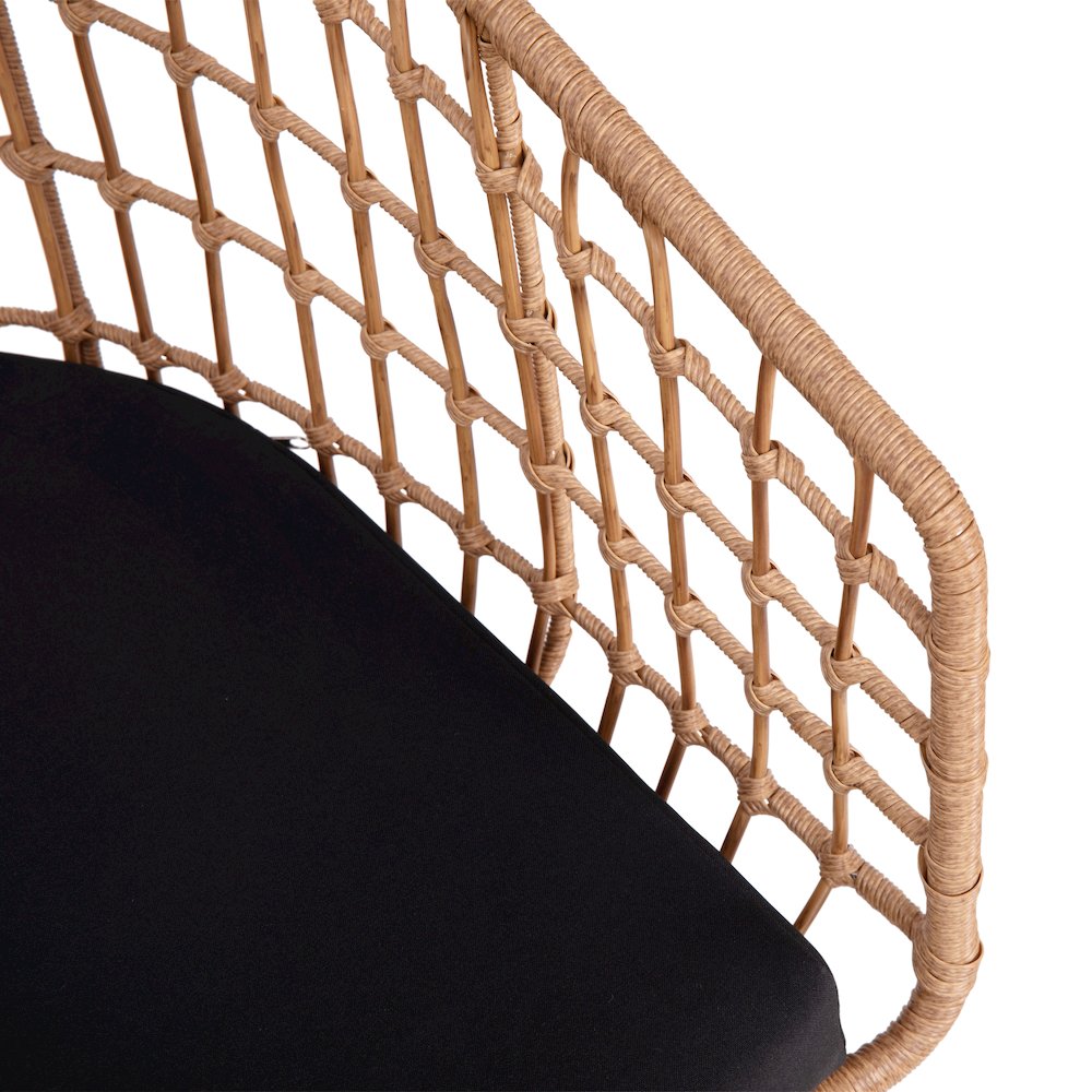 Set of 2 Patio Boho Club Chairs, Black Cushions and Sled Base. Picture 10