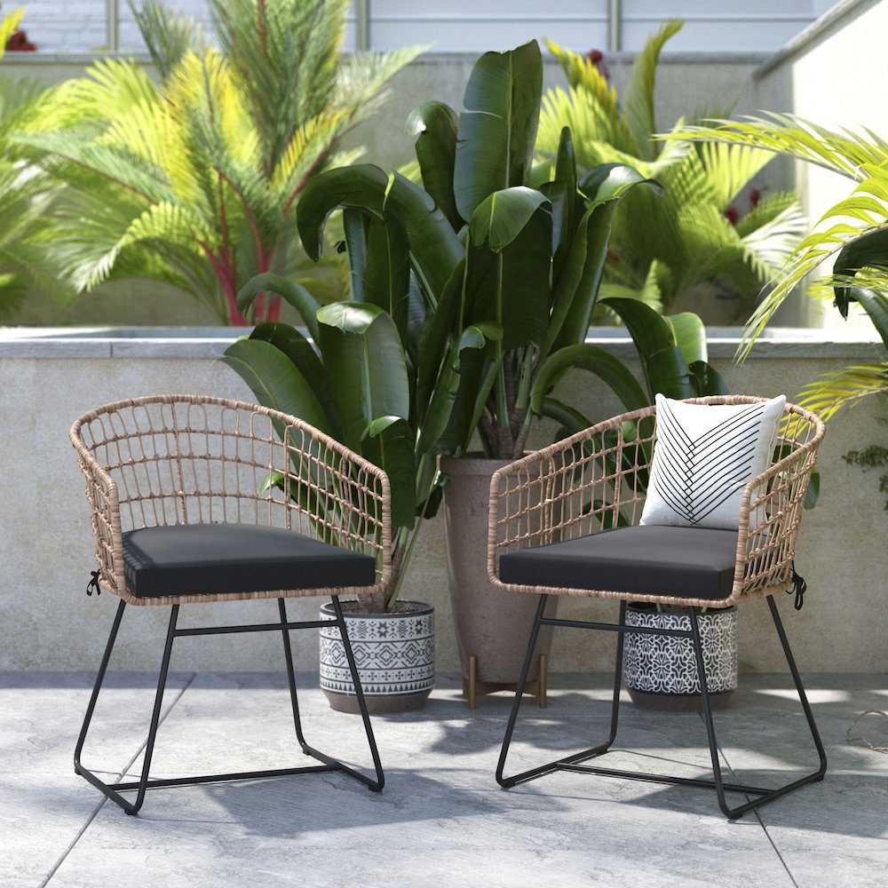 Set of 2 Patio Boho Club Chairs, Black Cushions and Sled Base. Picture 2