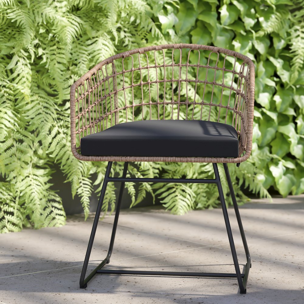 Set of 2 Patio Boho Club Chairs, Black Cushions and Sled Base. Picture 7