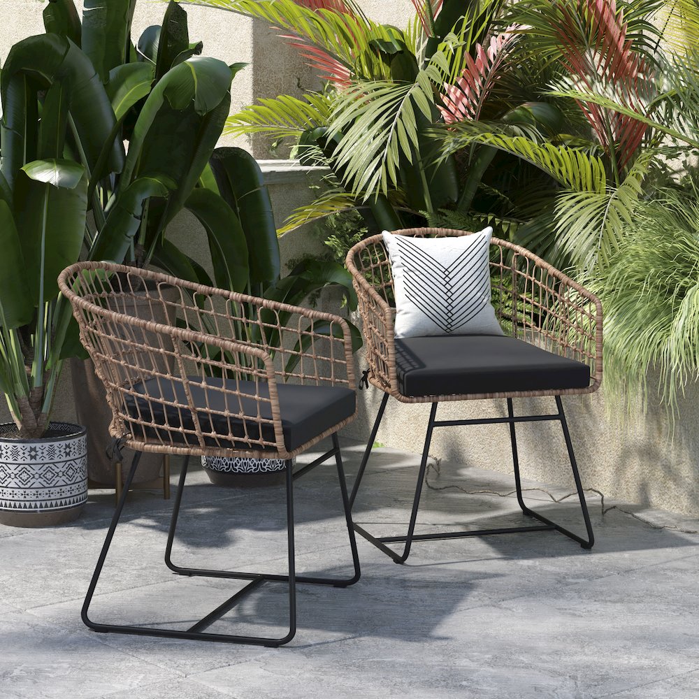 Set of 2 Patio Boho Club Chairs, Black Cushions and Sled Base. Picture 8