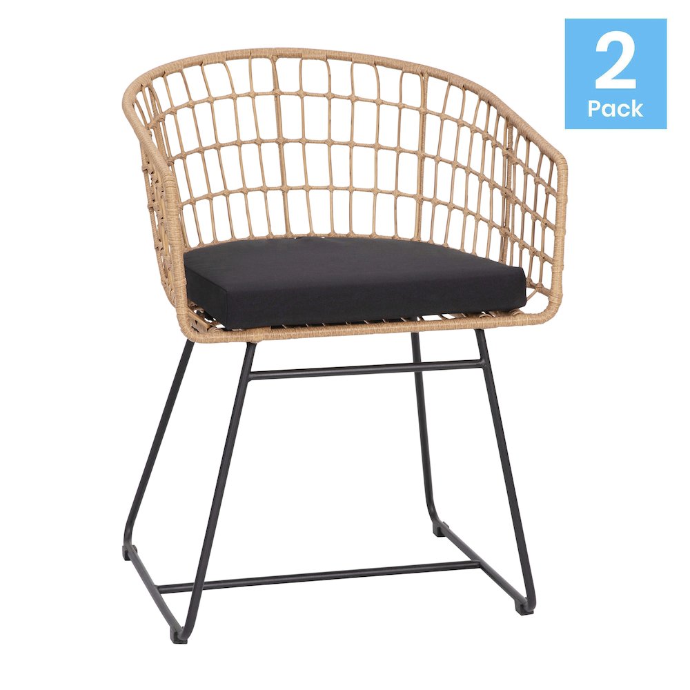 Set of 2 Patio Boho Club Chairs, Black Cushions and Sled Base. Picture 1