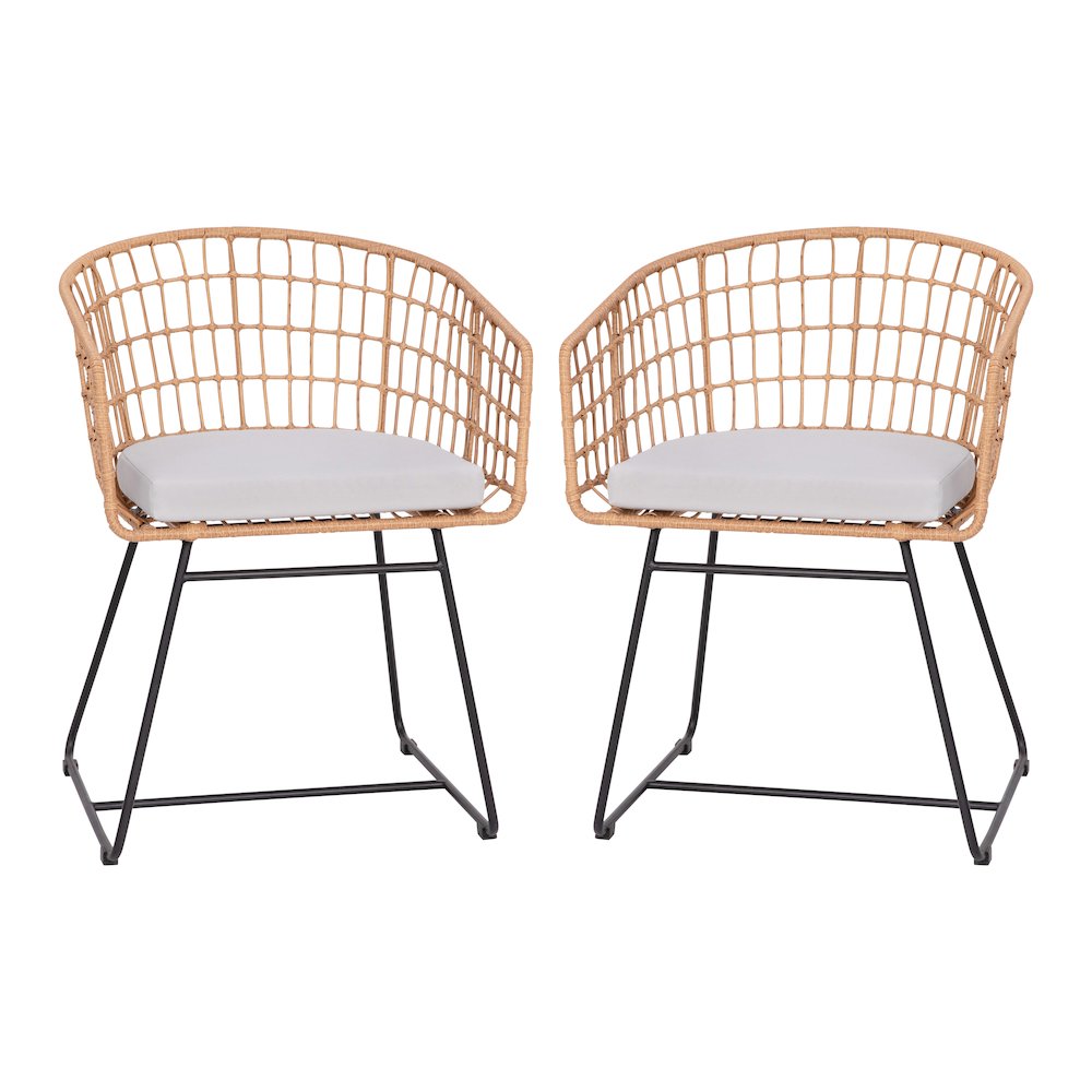 Set of 2 Patio Boho Club Chairs, Light Gray Cushions and Sled Base. Picture 3
