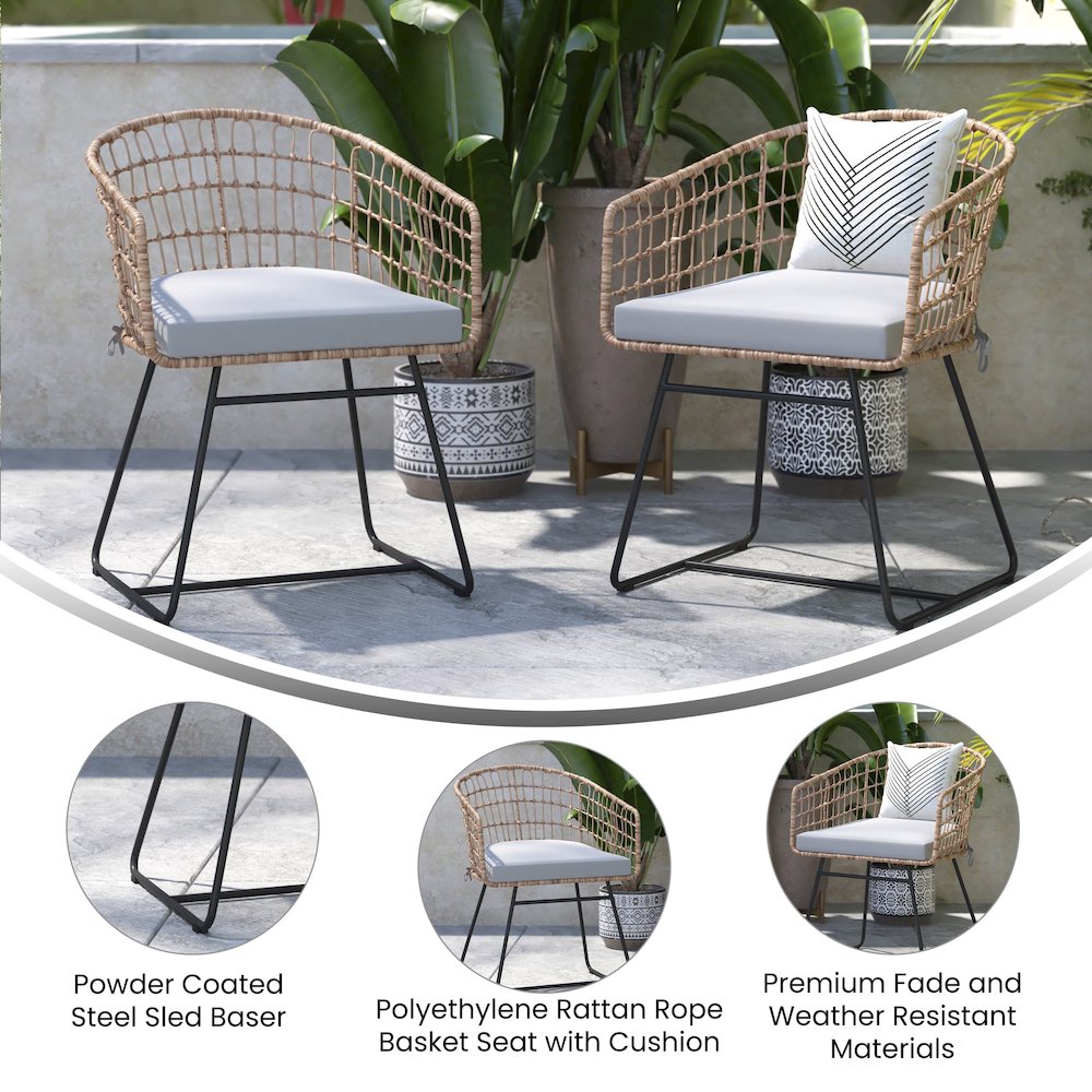 Set of 2 Patio Boho Club Chairs, Light Gray Cushions and Sled Base. Picture 5