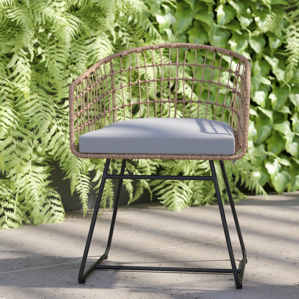 Set of 2 Patio Boho Club Chairs, Light Gray Cushions and Sled Base. Picture 7