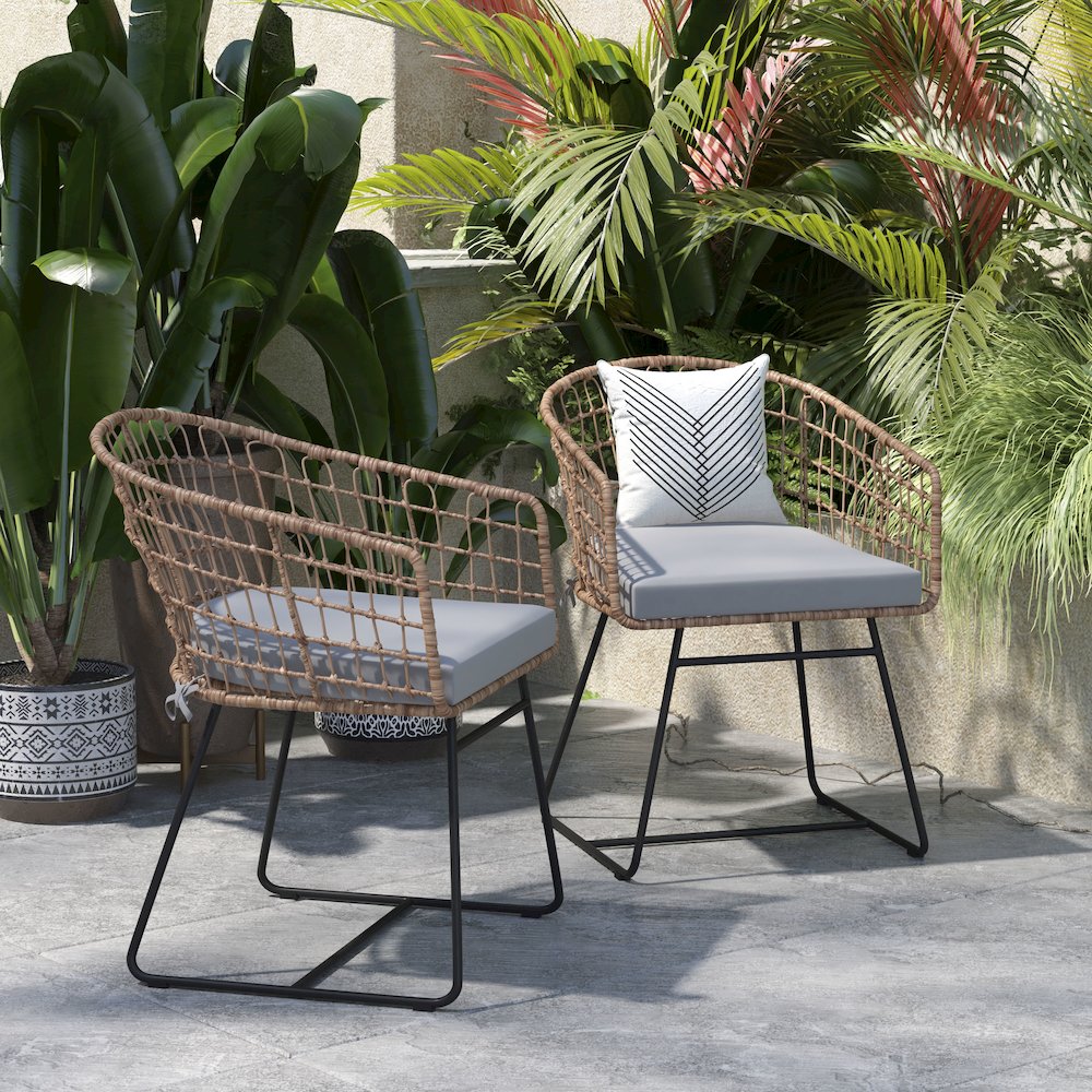 Set of 2 Patio Boho Club Chairs, Light Gray Cushions and Sled Base. Picture 8