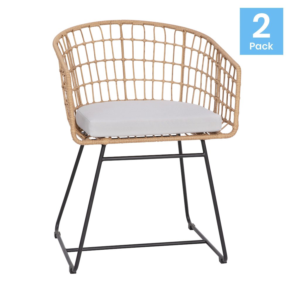 Set of 2 Patio Boho Club Chairs, Light Gray Cushions and Sled Base. Picture 1