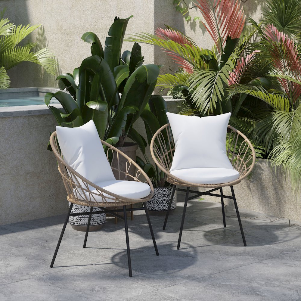 Modern Boho Style Rattan Rope Patio Chairs with Cushions, Set of 2. Picture 7