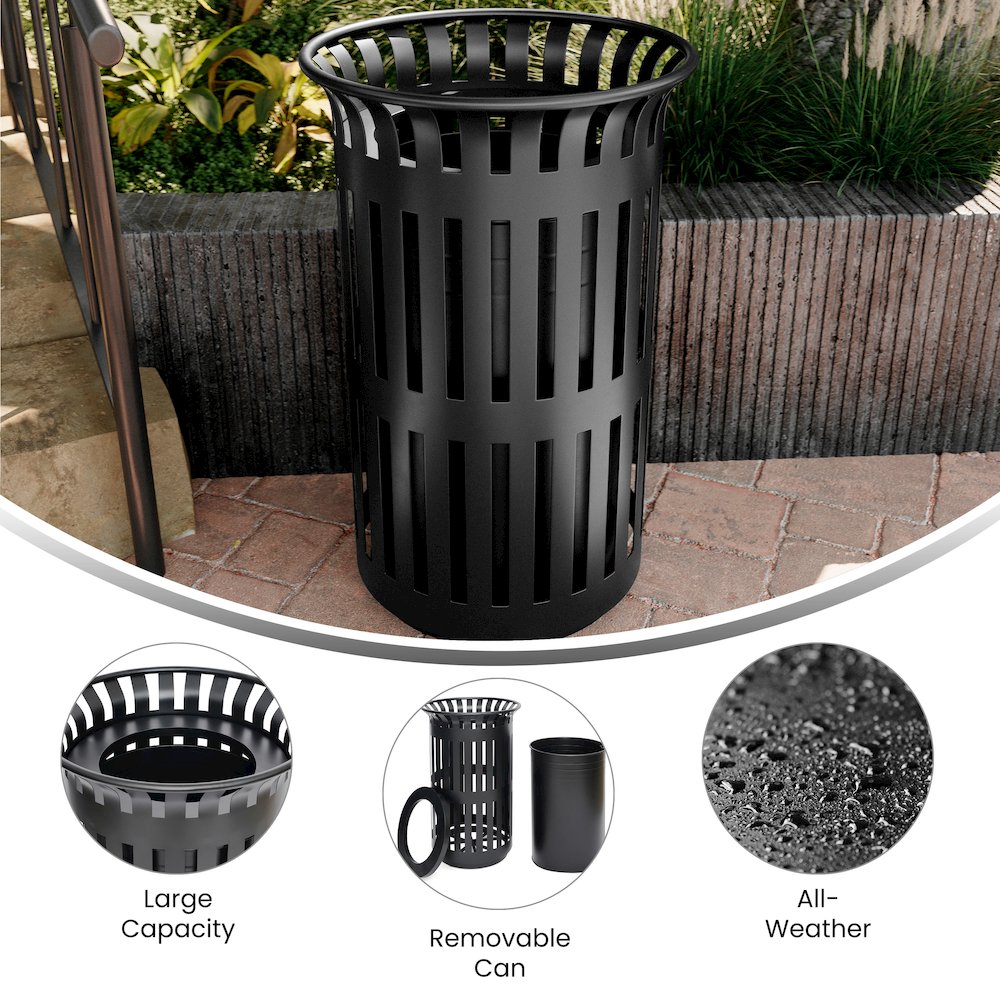 Black Outdoor Round Slatted Steel 37 Gallon Trash Can, Removable Inner Bin. Picture 4
