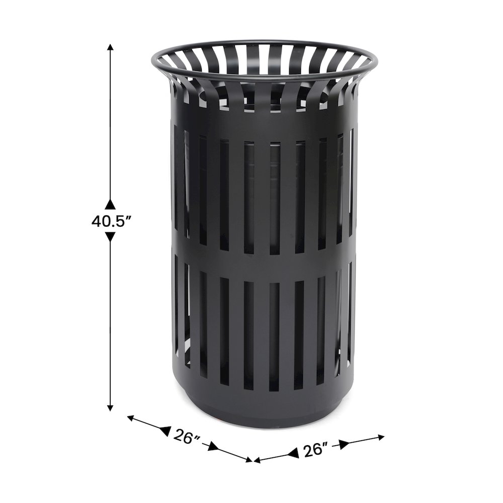 Black Outdoor Round Slatted Steel 37 Gallon Trash Can, Removable Inner Bin. Picture 5