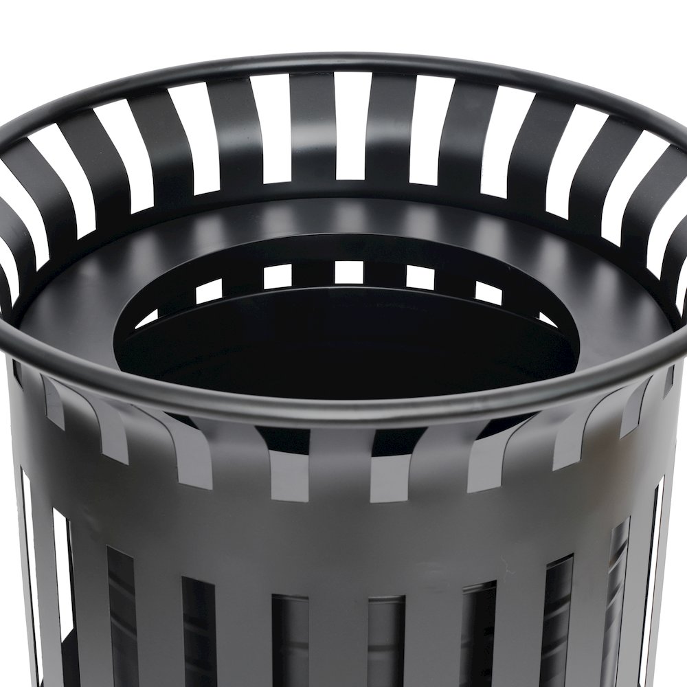 Black Outdoor Round Slatted Steel 37 Gallon Trash Can, Removable Inner Bin. Picture 6