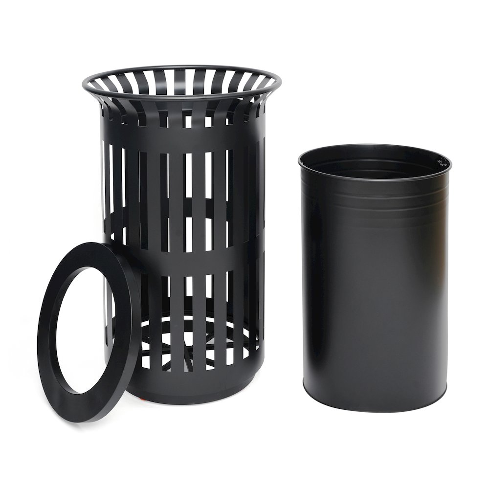 Black Outdoor Round Slatted Steel 37 Gallon Trash Can, Removable Inner Bin. Picture 8