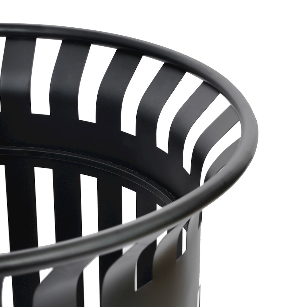 Black Outdoor Round Slatted Steel 37 Gallon Trash Can, Removable Inner Bin. Picture 11