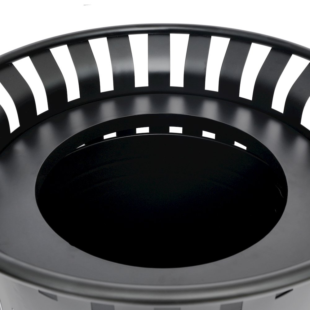 Black Outdoor Round Slatted Steel 37 Gallon Trash Can, Removable Inner Bin. Picture 12