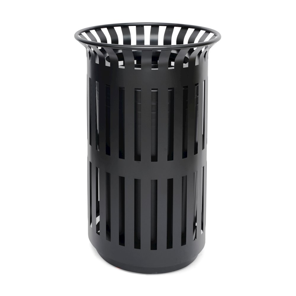 Black Outdoor Round Slatted Steel 37 Gallon Trash Can, Removable Inner Bin. Picture 7