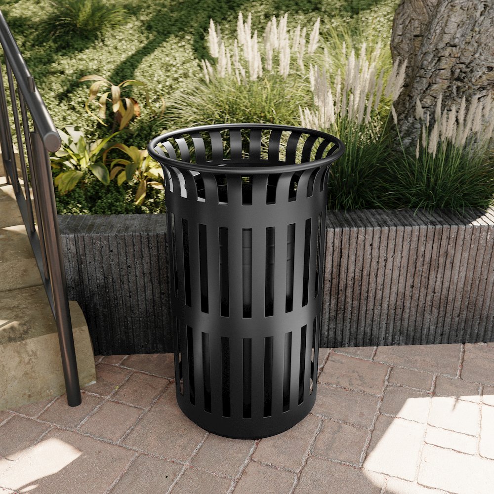 Black Outdoor Round Slatted Steel 37 Gallon Trash Can, Removable Inner Bin. Picture 3