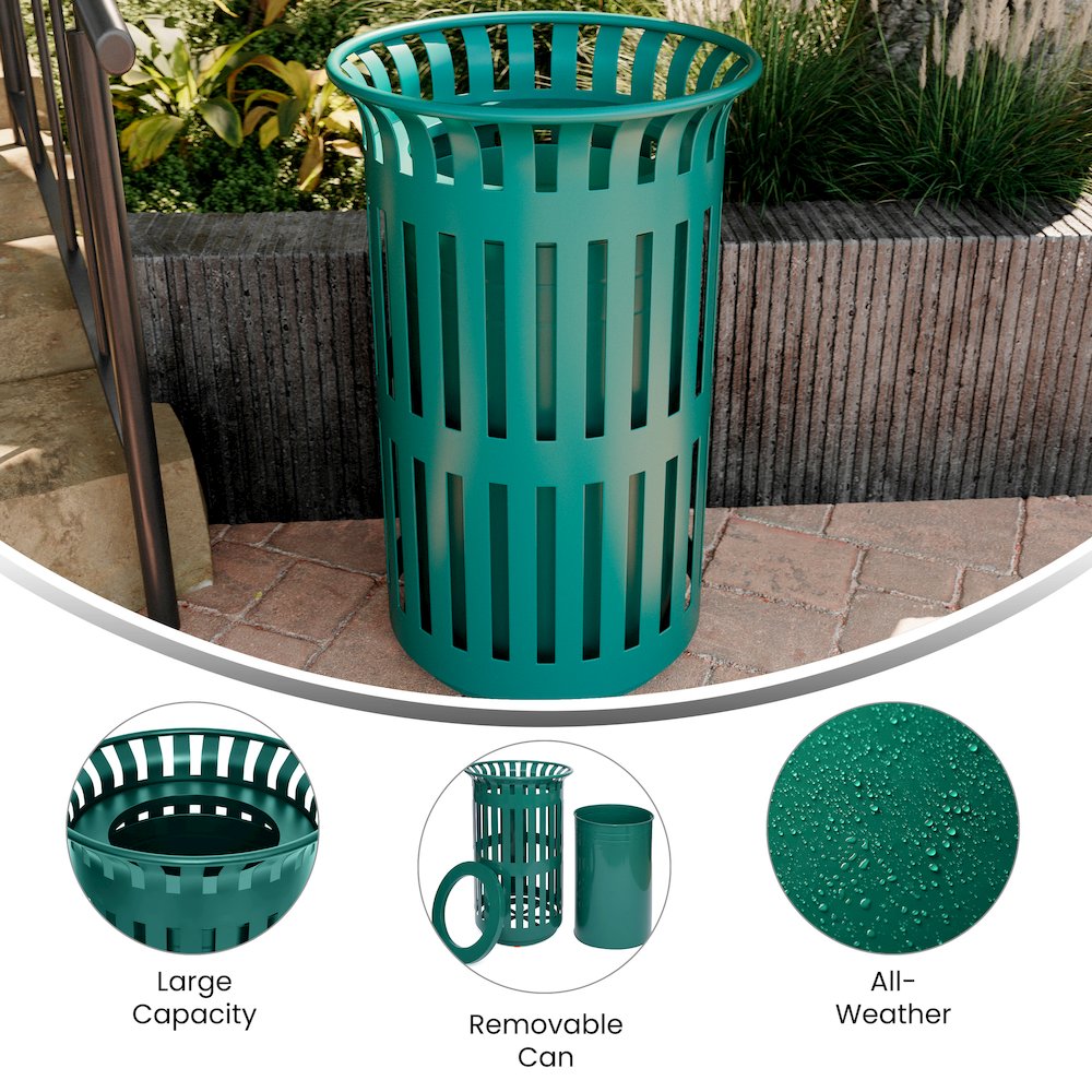 Green Outdoor Round Slatted Steel 37 Gallon Trash Can, Removable Inner Bin. Picture 4