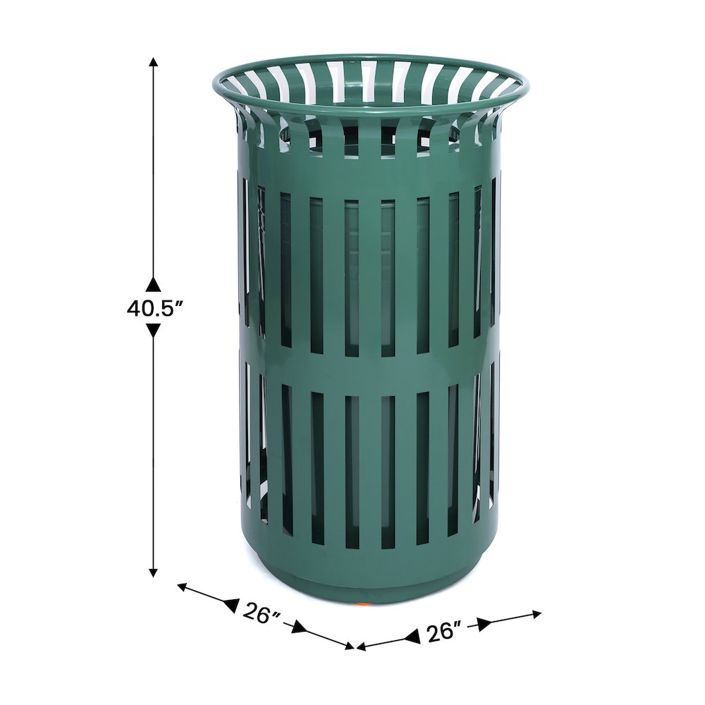 Green Outdoor Round Slatted Steel 37 Gallon Trash Can, Removable Inner Bin. Picture 5