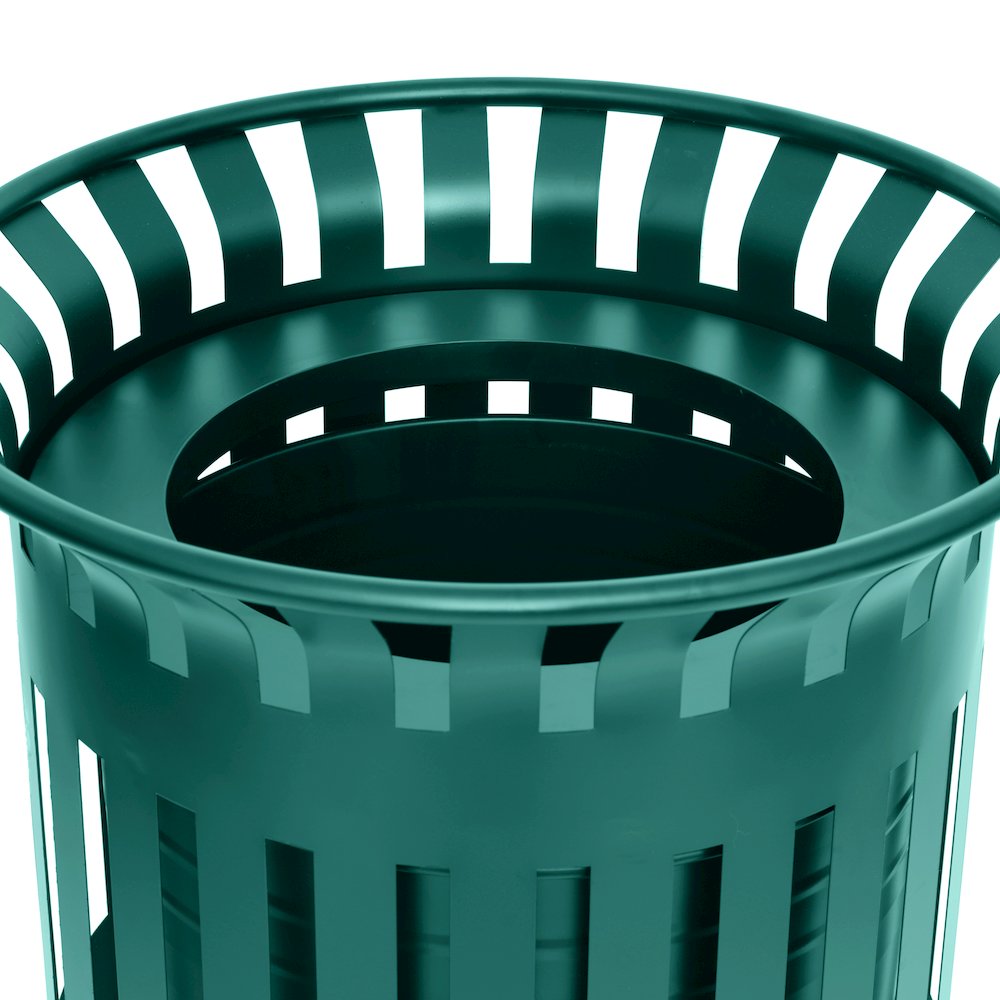 Green Outdoor Round Slatted Steel 37 Gallon Trash Can, Removable Inner Bin. Picture 6