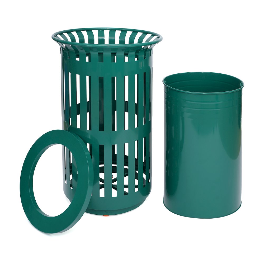Green Outdoor Round Slatted Steel 37 Gallon Trash Can, Removable Inner Bin. Picture 8