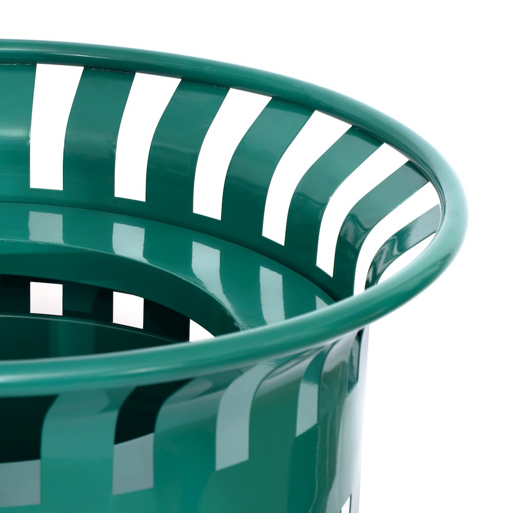 Green Outdoor Round Slatted Steel 37 Gallon Trash Can, Removable Inner Bin. Picture 11