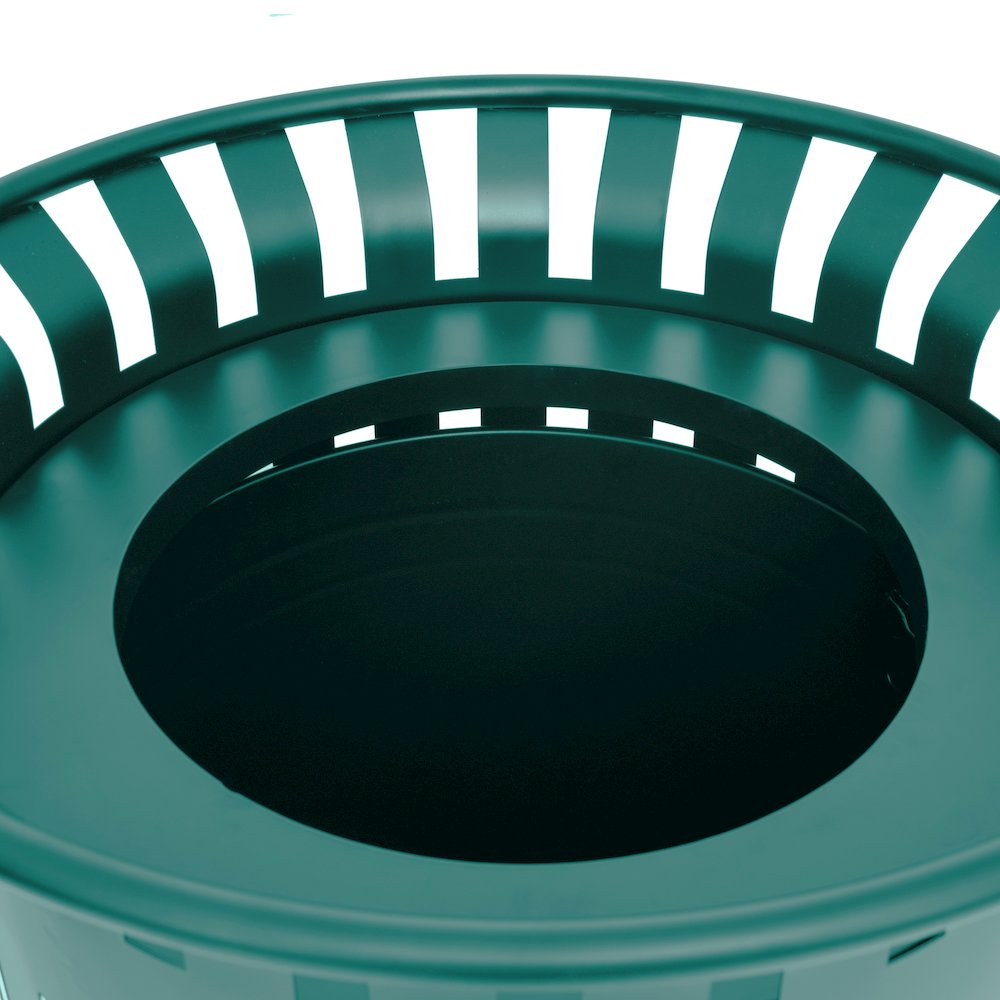Green Outdoor Round Slatted Steel 37 Gallon Trash Can, Removable Inner Bin. Picture 12