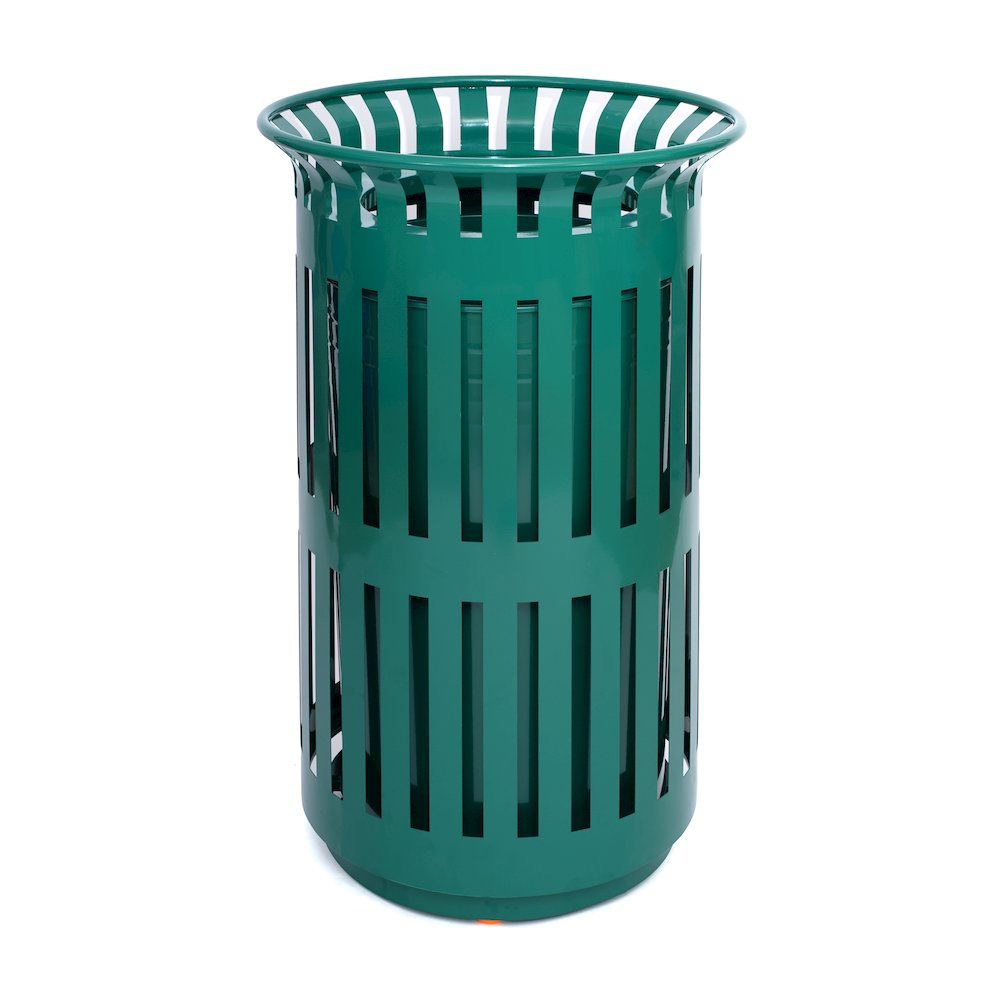 Green Outdoor Round Slatted Steel 37 Gallon Trash Can, Removable Inner Bin. Picture 7