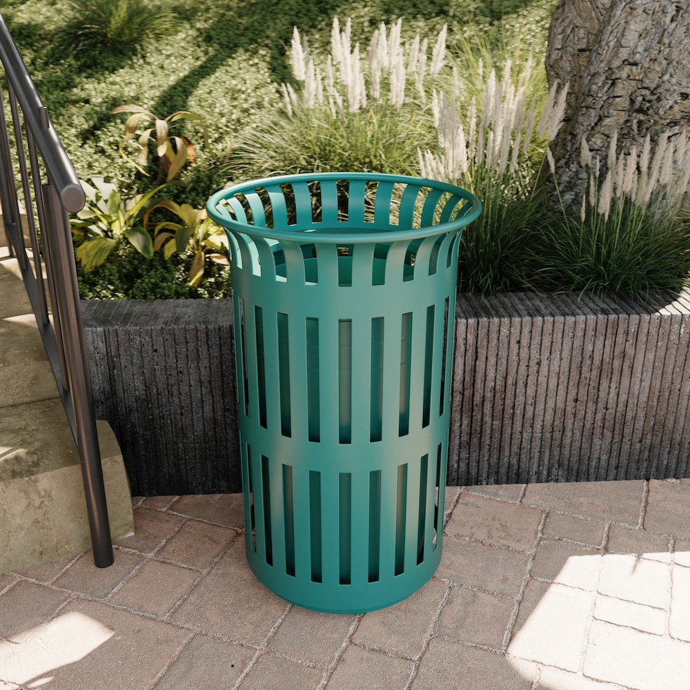 Green Outdoor Round Slatted Steel 37 Gallon Trash Can, Removable Inner Bin. Picture 3